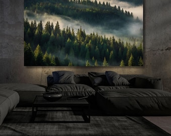 Foggy Pine Forest Canvas Wall Art: Mountain Landscape Print
