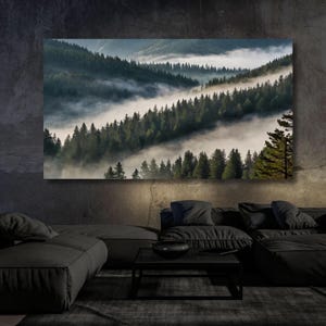 Pine Fog Canvas Wall Art Foggy Mountain Canvas, Triple Canvas Wall Art, Foggy Forest Canvas, Forest Painting Mountain Wall Art Forest Art