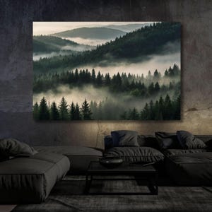 Foggy Forest Canvas, Forest Painting Mountain Wall Art Forest Art Pine Fog Canvas Wall Art Foggy Mountain Canvas, Triple Canvas Wall Art,
