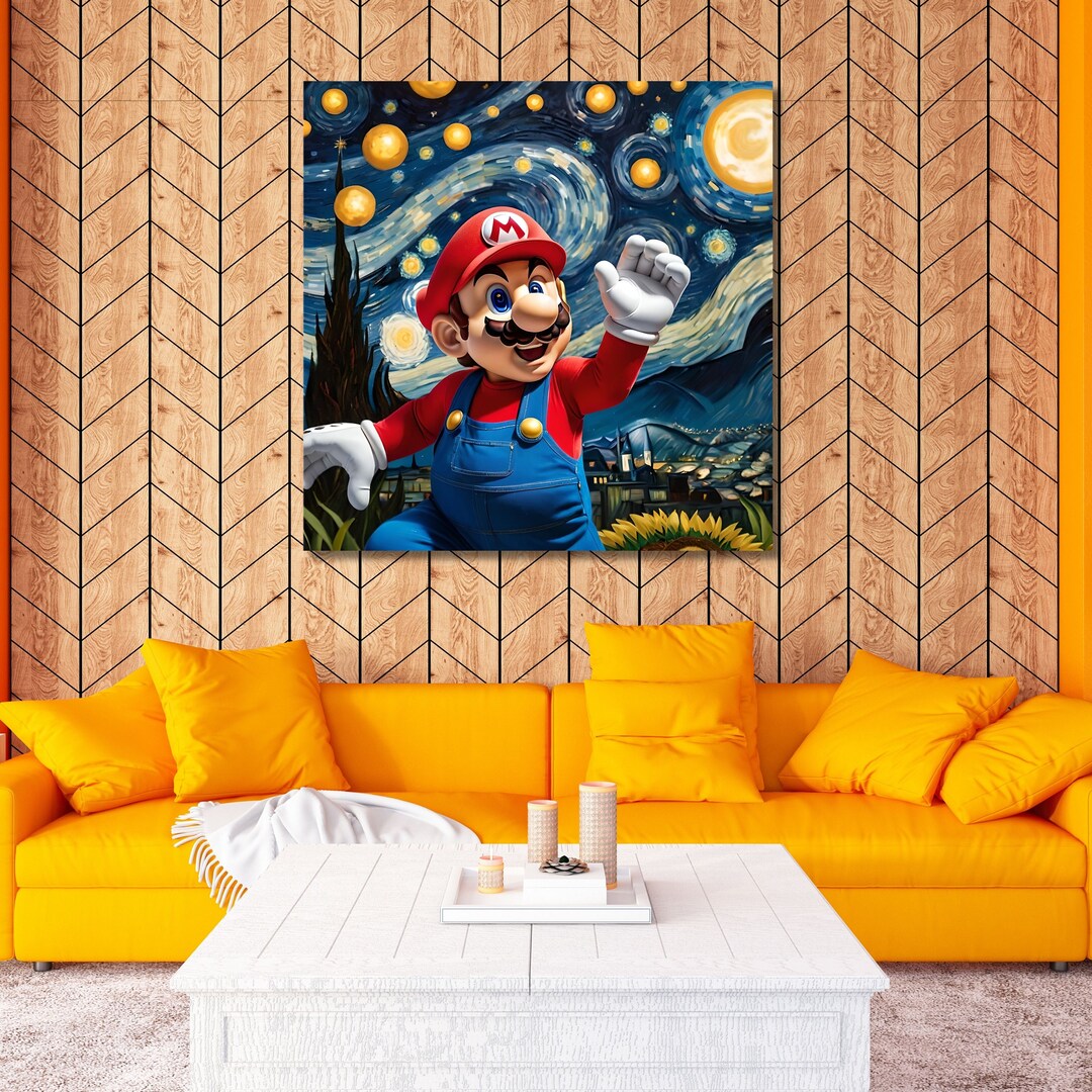 Mario Canvas Wall Art Super Mario Starry Night,mario Bros Canvas Art