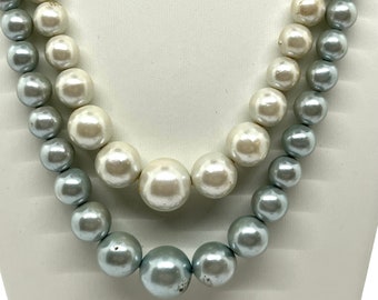 Vintage Necklace, Double Strand Faux Pearls, Two Colors White and Blue, Graduated Beads, Silver Tone Connectors, Hook Clasp, Mid Century,