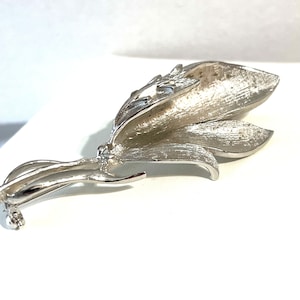 Coro Brooch, Silver Tone, Large Brooch, Long Stem 4 Petal Flower, Leaves Textured