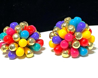 Vintage Bright Large Plastic Multi Coloered Gold Tone Back Clip On Earrings