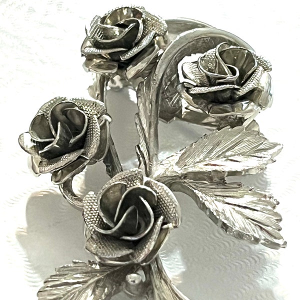 vintage, Coro, bouquet de roses, fleur, broche, épingle, ton argenté, fleurs 3D, broche signée Coro