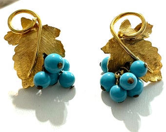 Vintage, Pendientes de uva, Cuentas de color turquesa, Racimo, Tono dorado, Clip LEAF en pendientes, Clips colgantes