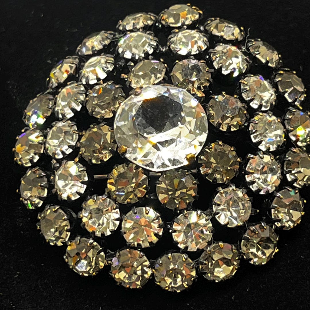 Vintage Large Domed Gray Black Clear Rhinestone Japaned Metal Finish ...
