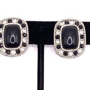Vintage, Large Black Stone, Black and clear rhinestones, Silver Tone back and accents, Clip on Earrings