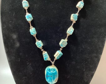 Vintage, Egyptian, Revival, Beaded, Scarab, Beetle, Pendant, Stone, Carved, Necklace