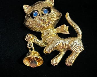 Vintage Avon Frisky Kitty Brooch, Gold Tone Cat with Bell, Blue Rhinestone Eyes