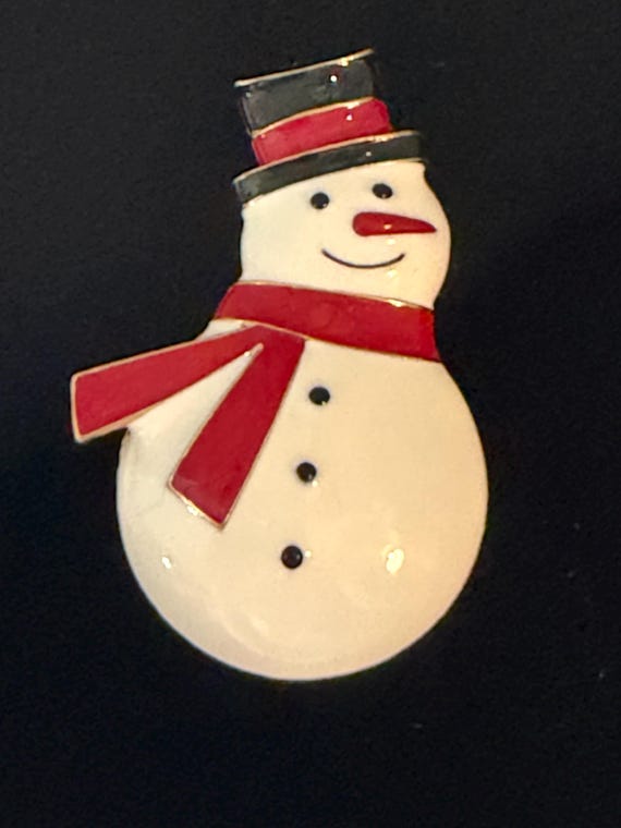 Vintage White Enamel Snowman Scarf Christmas Holiday Winter Brooch Pin
