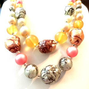 vintage, Japan signed, 3 strand, multi colored, faux art glass, pink, yellow, grey necklace