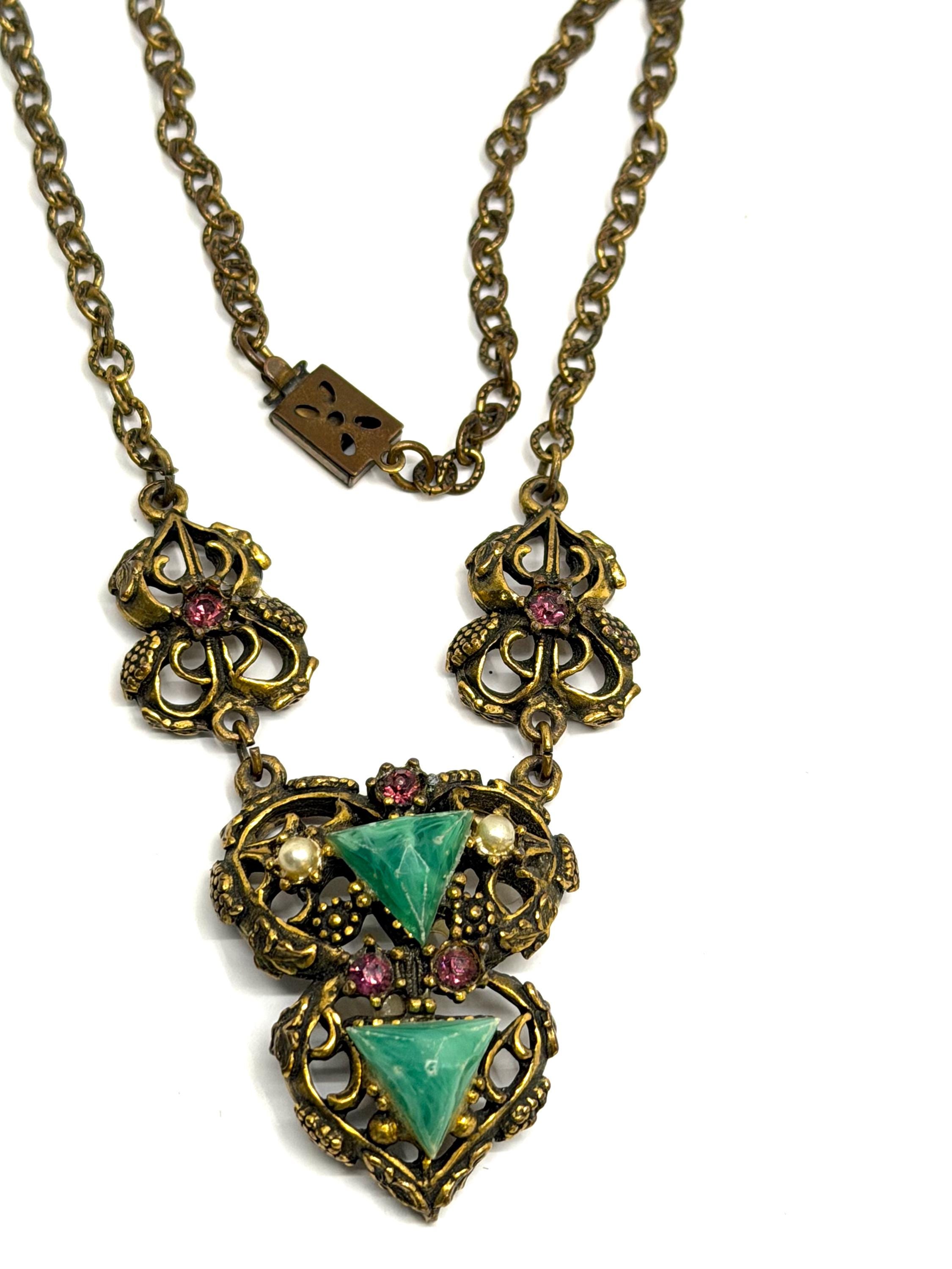 Vintage Victorian Revival Ornate Faux Pearl Purple Stones Green
