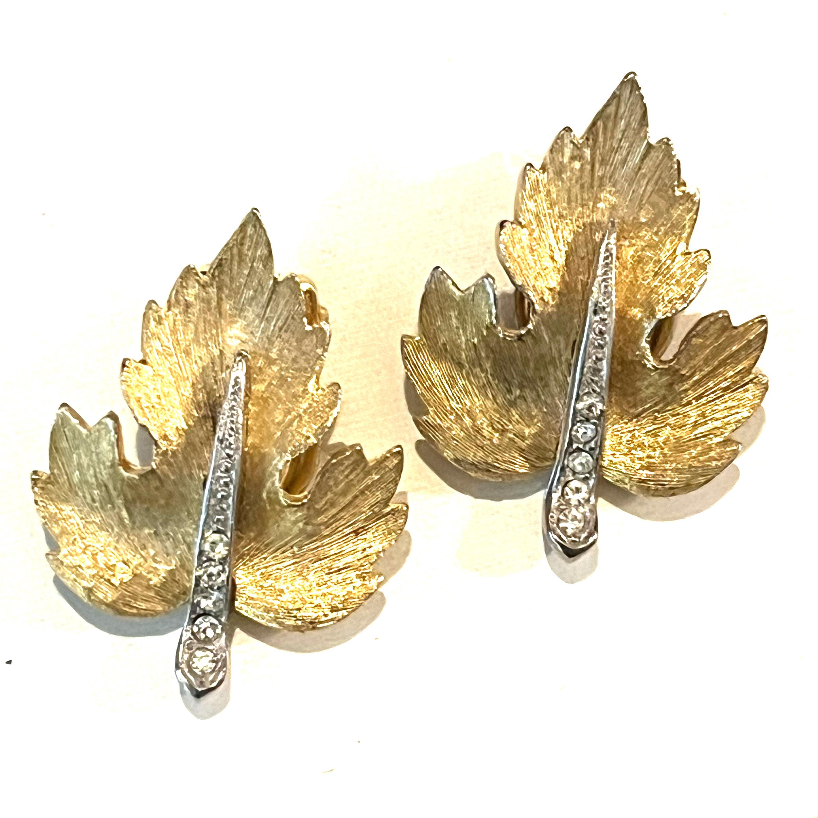 Vintage, 1960’s, Park Lane signed,  Maple Leaf,  Rhinestone, Gold tone,  Clip On Earrings