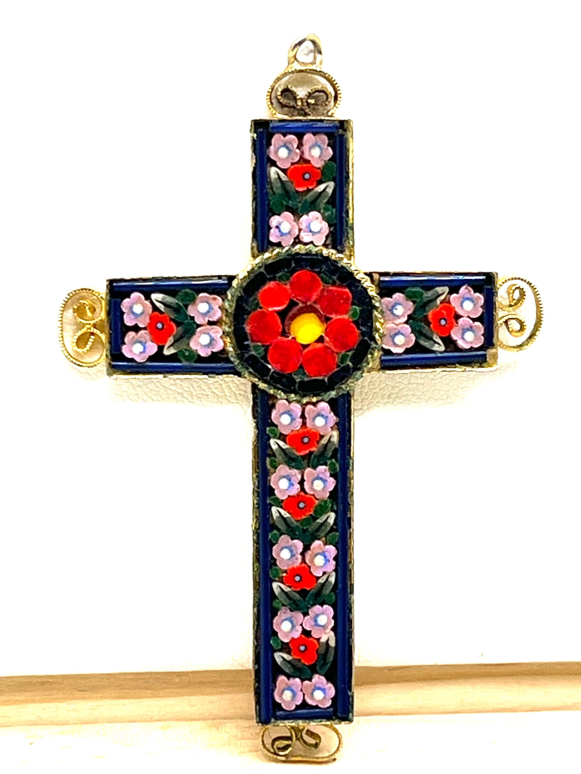 Vintage Micro Mosaic Cross Pendant Marked Italy Goldtone Scroll