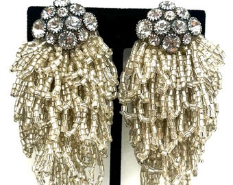 Vintage Waterfall Cha Cha Dangle Drop Chandelier Silver Tone beads 1980 Clear Rhinestones Clip On Earrings