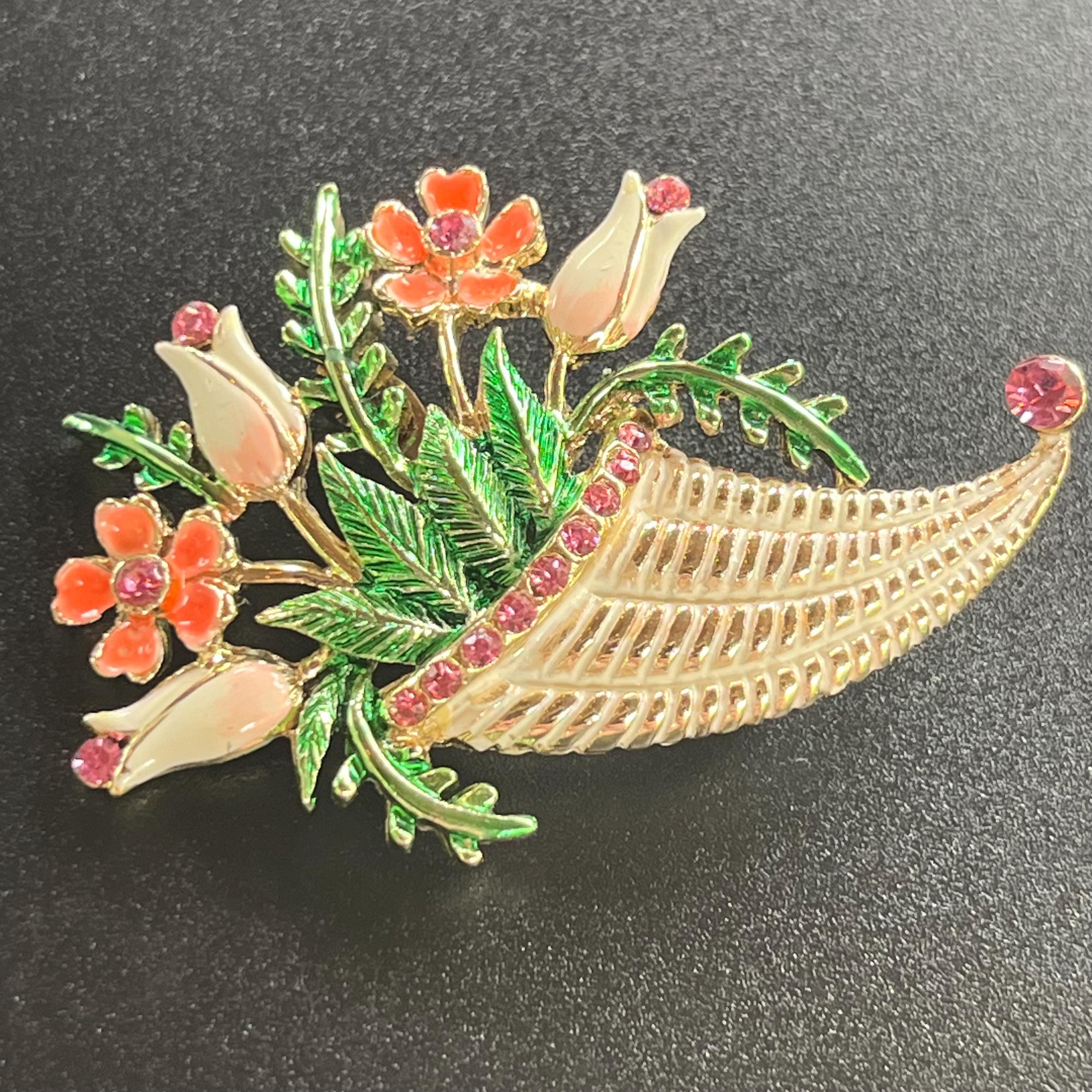 Vintage, Beatrix signed, Floral, Tulip, Cornucopia, Enamel flower, Orange Flower, Pink Rhinestones , basket weave, EUC, Brooch, Pin