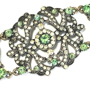 Vintage VCLM Nortsrum Green Rhinestone Antiqued Brass Metal Tone Bracelet