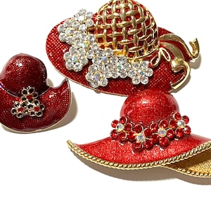 Vintage, Red Hat Society, trio, robijnrode strass, heldere strass, goudkleur, bloem, paars, brochespeld