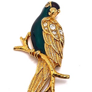 Vintage Avon signierte Goldton grüne und rote Emaille und Strass Papagei Vogel Brosche