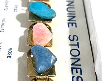 Vintage 60’s, IOB, Genuine stones, souvenir bracelet, box names all stones, gold tone squares mold each stone.