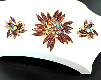 Vintage Beau Jewels Signed Demi Parure Starburst Purple Navettes AB Aura Borealis Rhinestones Clip on earrings and Brooch