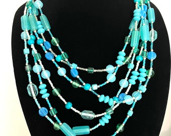 Teal blue light blue faux turquoise glass bead 6 strand statement necklace