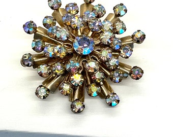 Vintage, Mid-Century 1950's, Aurora Borealis, Starburst, Gold Tone Rhinestone, Brooch
