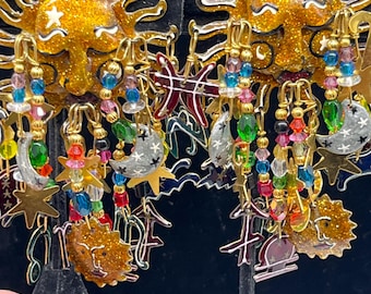 LUNCH at the Ritz 1989 statement earrings Crystal Enamel Golden Sun Zodiac large Clip Earrings