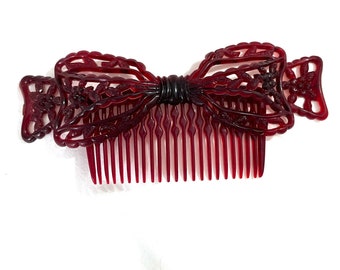 Vintage, hair comb , Vintage 1940s comb, Red bow, ribbon bow, Open Lace, red/brown plastic