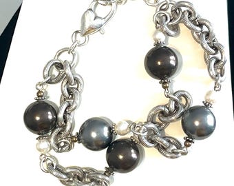 Vintage Brighton Signed Bauble Bath Double Chain Link Gray Beads Copper Beads Retired Bracelet