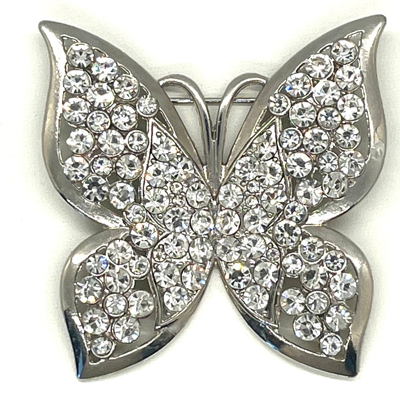 Vintage, Large, Butterfly Booch, Rhinestones in Silver Tone with a Silver Tone back image 7