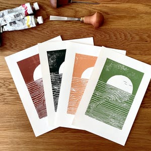 WAVE & SUNSET // Linodruck / Linolschnitt // Karte oder Karten-Set DINA5