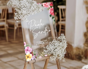 Plexiglass wedding welcome sign, pink flower wedding sign, transparent wedding sign, plexiglass wedding sign