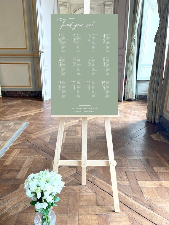 Plan de table de mariage vert sauge, Plan de sa salle, Panneau liste d'invités vert sauge, Signalétique de réception