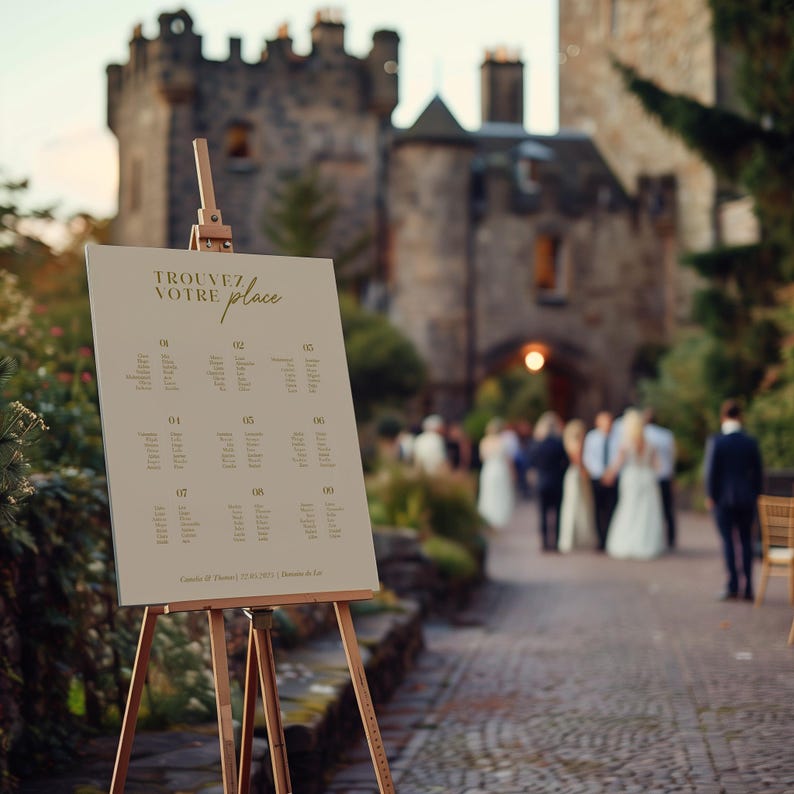 May include: A wedding seating chart on a wooden easel with a beige background and gold text. The chart is titled "Trouvez Votre Place" and lists table numbers and guest names.