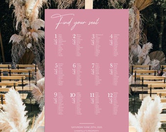 Pink wedding seating chart, Room layout, Seating plan by table, Pink wedding sign, Wedding reception decoration