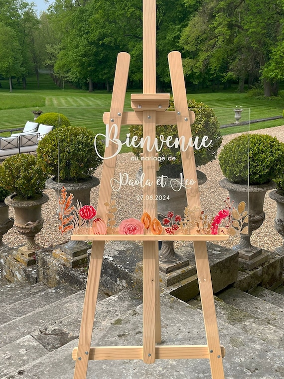 Panneau de bienvenue mariage plexiglass fleuri – Panneau plexi personnalisé – Plaque transparente colorée – Wedding acrylic sign