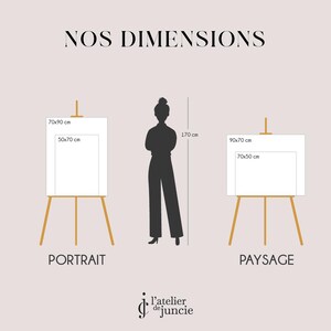 May include: A size guide chart titled NOS DIMENSIONS featuring two wooden easels displaying rectangular frames in portrait and landscape orientations. A silhouette of a person stands 170 cm tall. Labels include 70x90 cm, 50x70 cm, 90x70 cm, and 70x50 cm. Logo: l'atelier de juncie.