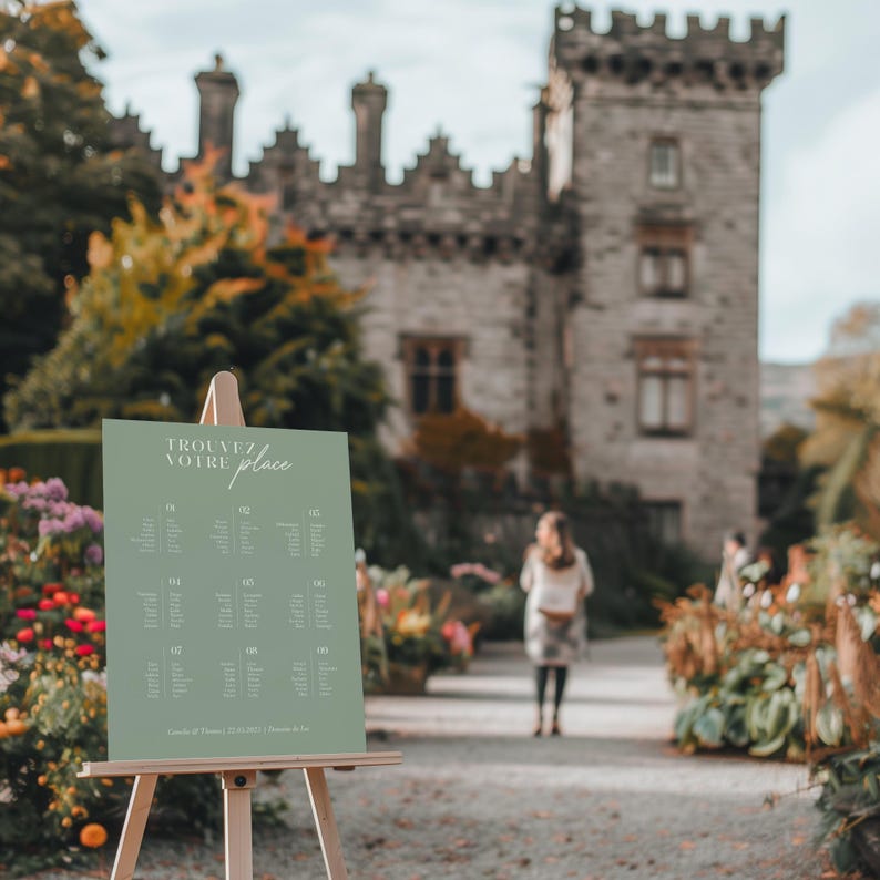 May include: A green wedding seating chart sign with the text "TROUVEZ VOTRE place" on an easel in front of a stone castle.