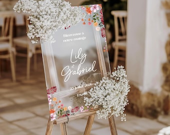 Plexiglass wedding welcome sign, colorful flower sign, transparent wedding sign