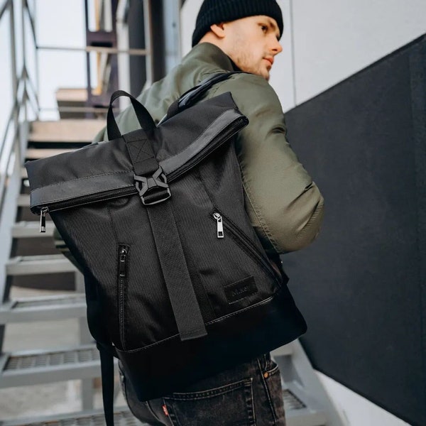 Black laptop bag men, roll top backpack, men roll top, backpack for laptop, macbook backpack