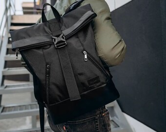 Black laptop bag men, roll top backpack, men roll top, backpack for laptop, macbook backpack
