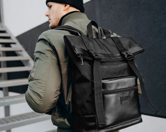 Black backpack roll top for a laptop for the city, backpack for men for travel, Roll top