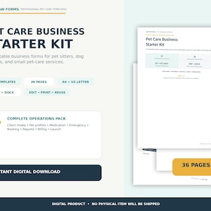 Peut inclure: Un kit de démarrage pour entreprise de soins aux animaux comprenant 32 formulaires professionnels modifiables pour les pet-sitters et promeneurs de chiens. Le kit contient 36 pages aux formats A4 et US Letter, en fichiers PDF et DOCX, incluant intake, profils, médicaments, urgences, réservations, rapports et facturation.