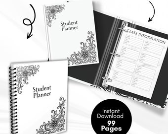Puede incluir: Un planificador o carpeta para estudiantes en blanco y negro con un diseño floral. El planificador tiene 99 páginas y está disponible para descarga instantánea. El texto "Student Planner" está impreso en la portada.