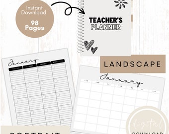 May include: A digital download of a teacher's planner in both portrait and landscape orientations. The planner includes a calendar page for January with space for notes and to-do lists. The text "TEACHER'S PLANNER" is on the cover of the planner.