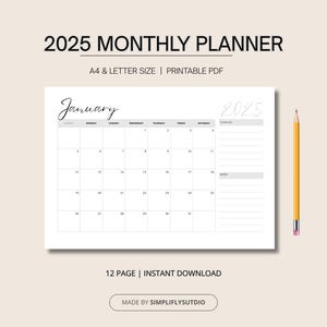 Planificador mensual 2025, 12 páginas, Agenda imprimible, Lista de tareas, Sección de notas, Tamaño A4, Tamaño carta, Descarga en PDF, Diseño horizontal