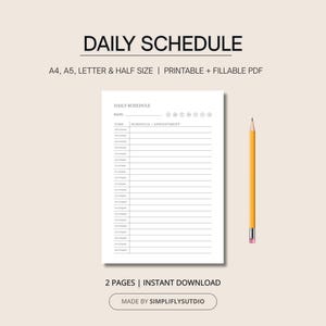 Planificador diario, PDF minimalista imprimible y rellenable, A4, A5, Carta, Media Carta, Lista de tareas, Horario, Notas, Descarga instantánea