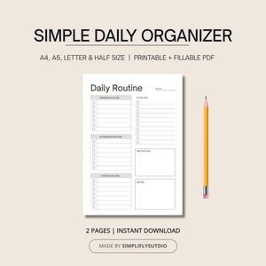 Planificador de rutina diaria, PDF imprimible y rellenable, diseño minimalista, A4, A5, carta, media carta, lista de tareas, notas, cuadro de motivación
