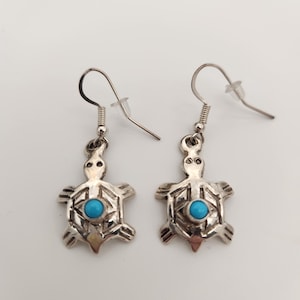 Sterling Silver Turtle Earrings with Vibrant Turquoise Center